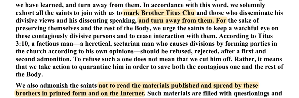 Page 4 of the 2006 warning statement, with the instructions to mark Titus Chu, turn away from him, and not read his co-workers’ materials highlighted
