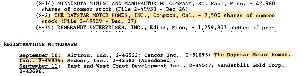 Two SEC News Digest entries: Daystar Motor Homes registering 7,500 shares of common stock (March 11, 1974) and among the registrations withdrawn on September 10, 1974
