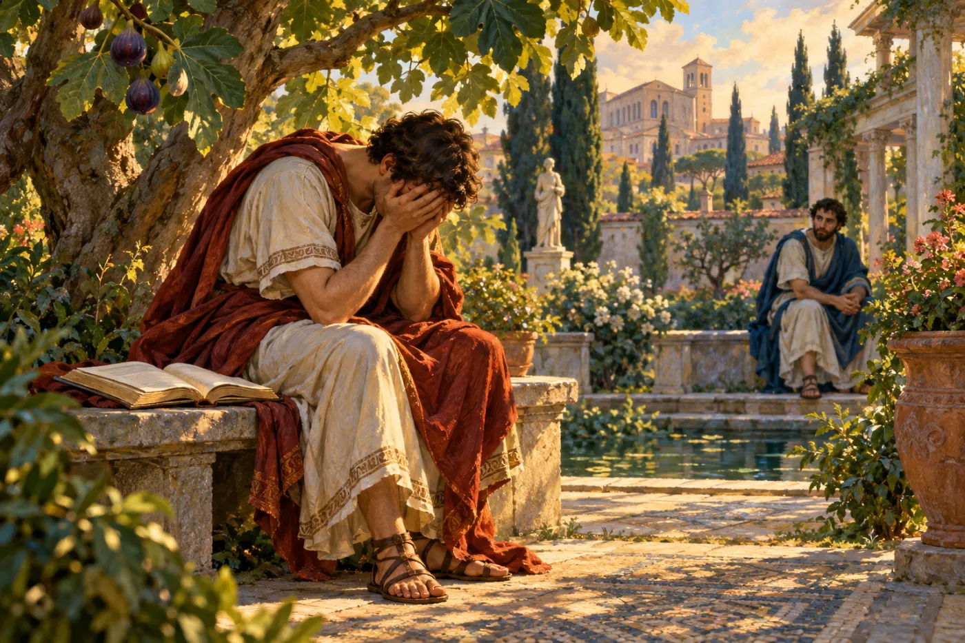 An illustration of the young Augustine sitting on a stone bench under a fig tree in a Milan garden, weeping with his face in his hands beside an open book, while his friend Alypius sits at a distance