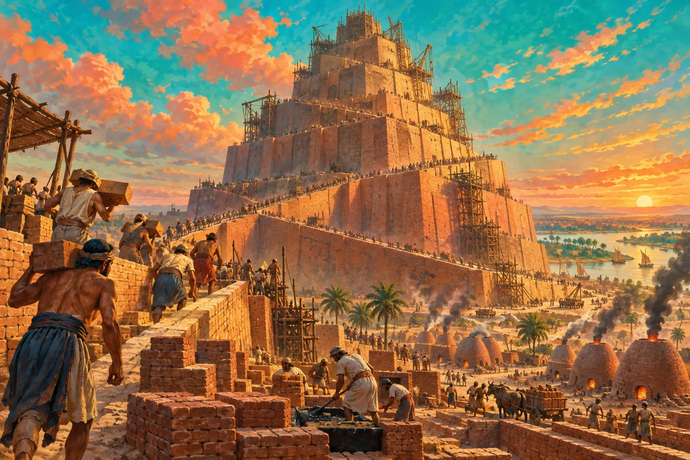 An illustration of the Tower of Babel under construction, a vast stepped brick tower rising into a sunset sky as workers haul bricks up its ramps