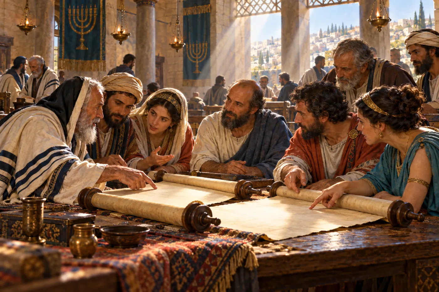 An illustration of Jews and Greeks in a first-century synagogue leaning over open scrolls on a long table, pointing at the text and talking eagerly, with the apostle Paul seated among them listening