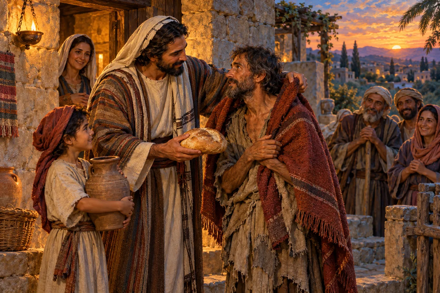 An illustration of a believer at the door of a stone house placing a loaf of bread in the hands of a thin, ragged man and wrapping a warm cloak around his shoulders, while a girl holds a water jar and neighbors look on at sunset