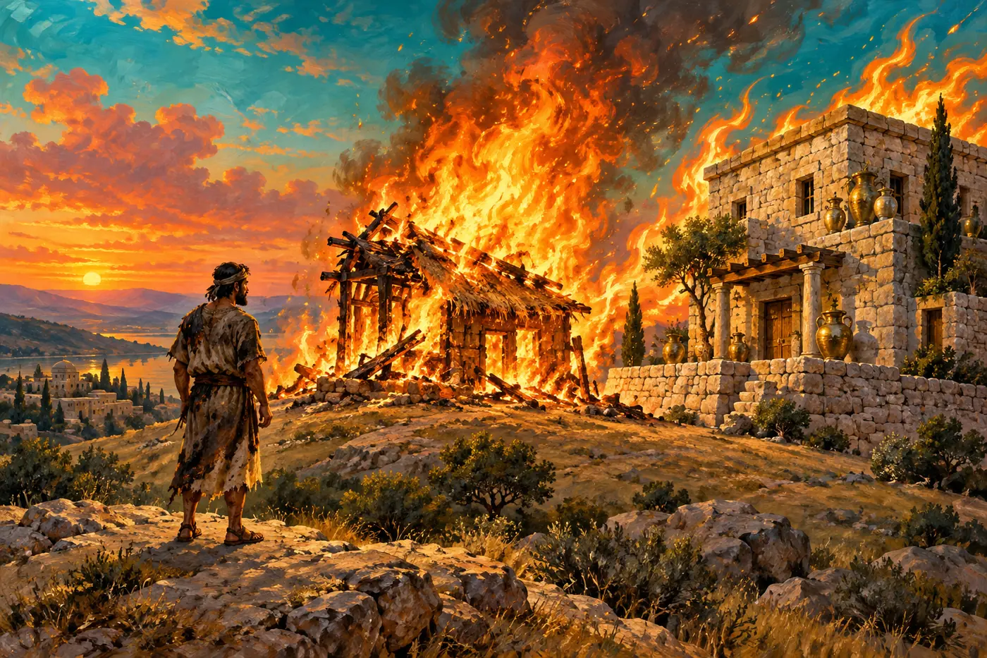 An illustration of a builder standing safely on a hillside at dusk, watching a house of wood and straw burn while a stone house with gold and silver vessels stands unharmed