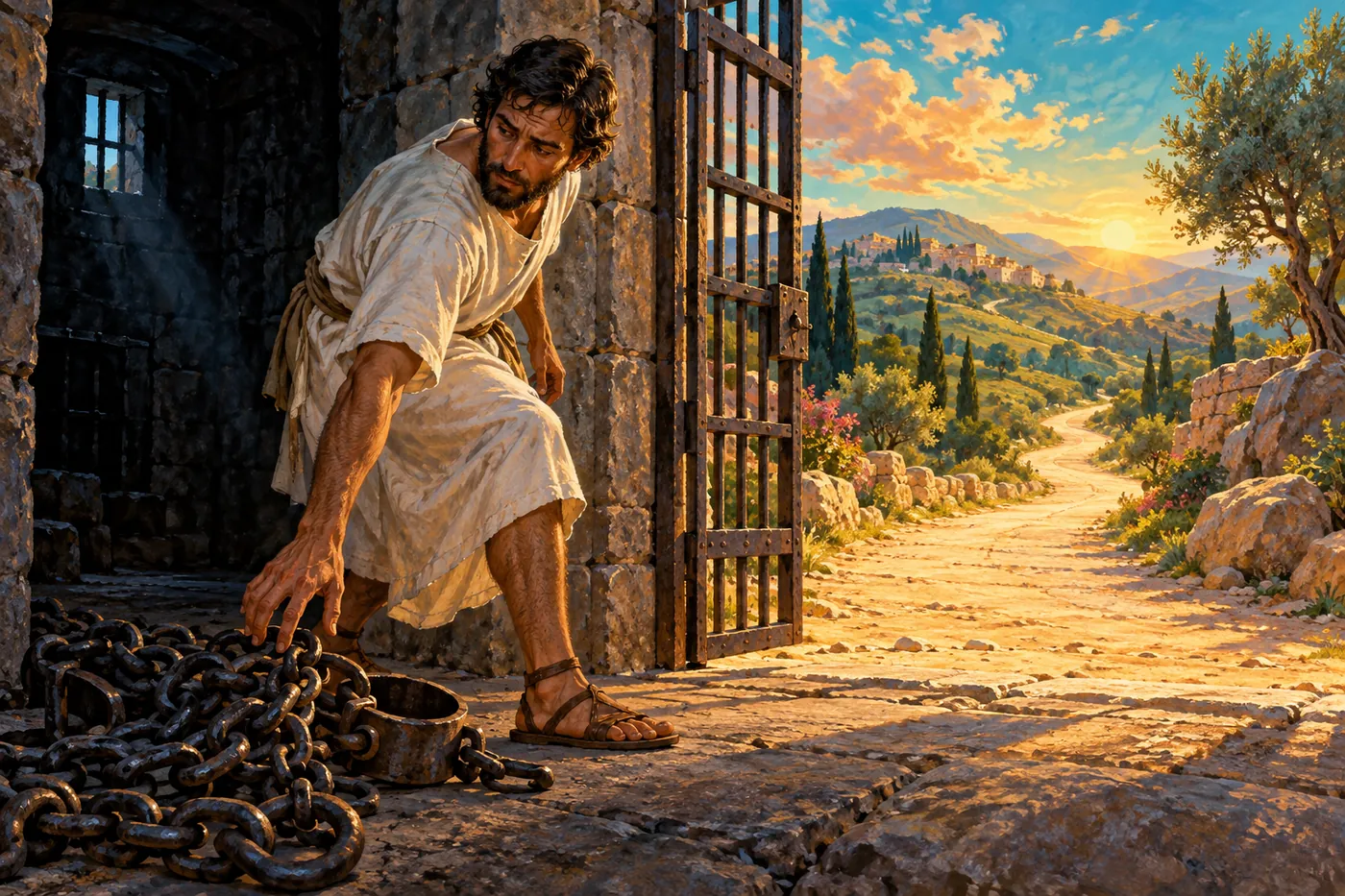 An illustration of a freed man stepping out of an open iron prison gate onto a sunlit road toward green hills, turning back and reaching for the heavy chains lying in the shadow of the doorway