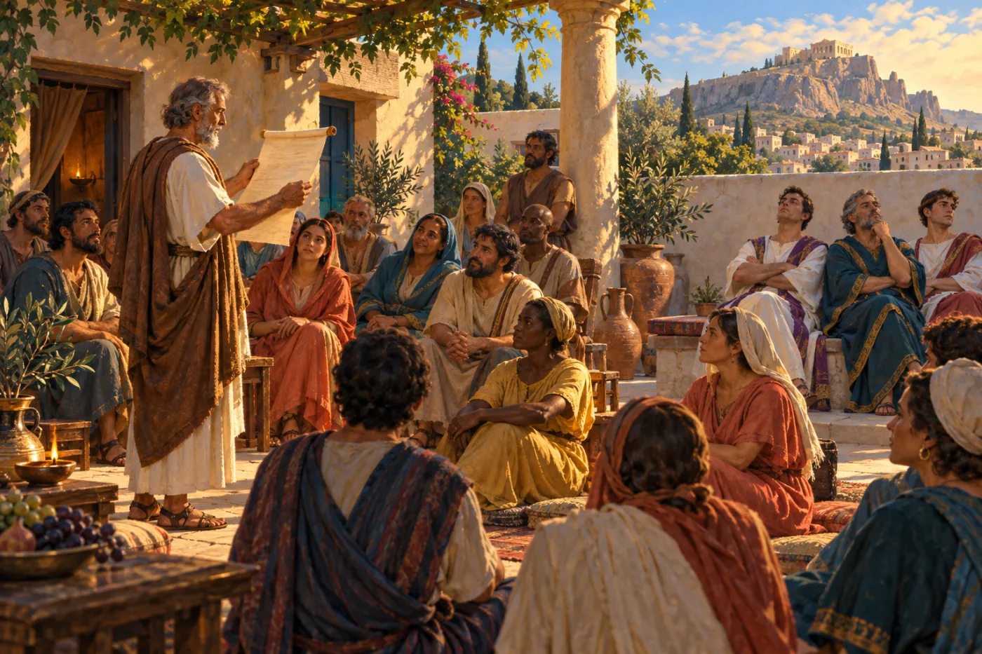 An illustration of a first-century house church in a sunny courtyard: an elder reads a papyrus letter aloud to men, women, and slaves seated on benches and cushions, while a few well-dressed men in fine mantles sit apart on the right with folded arms