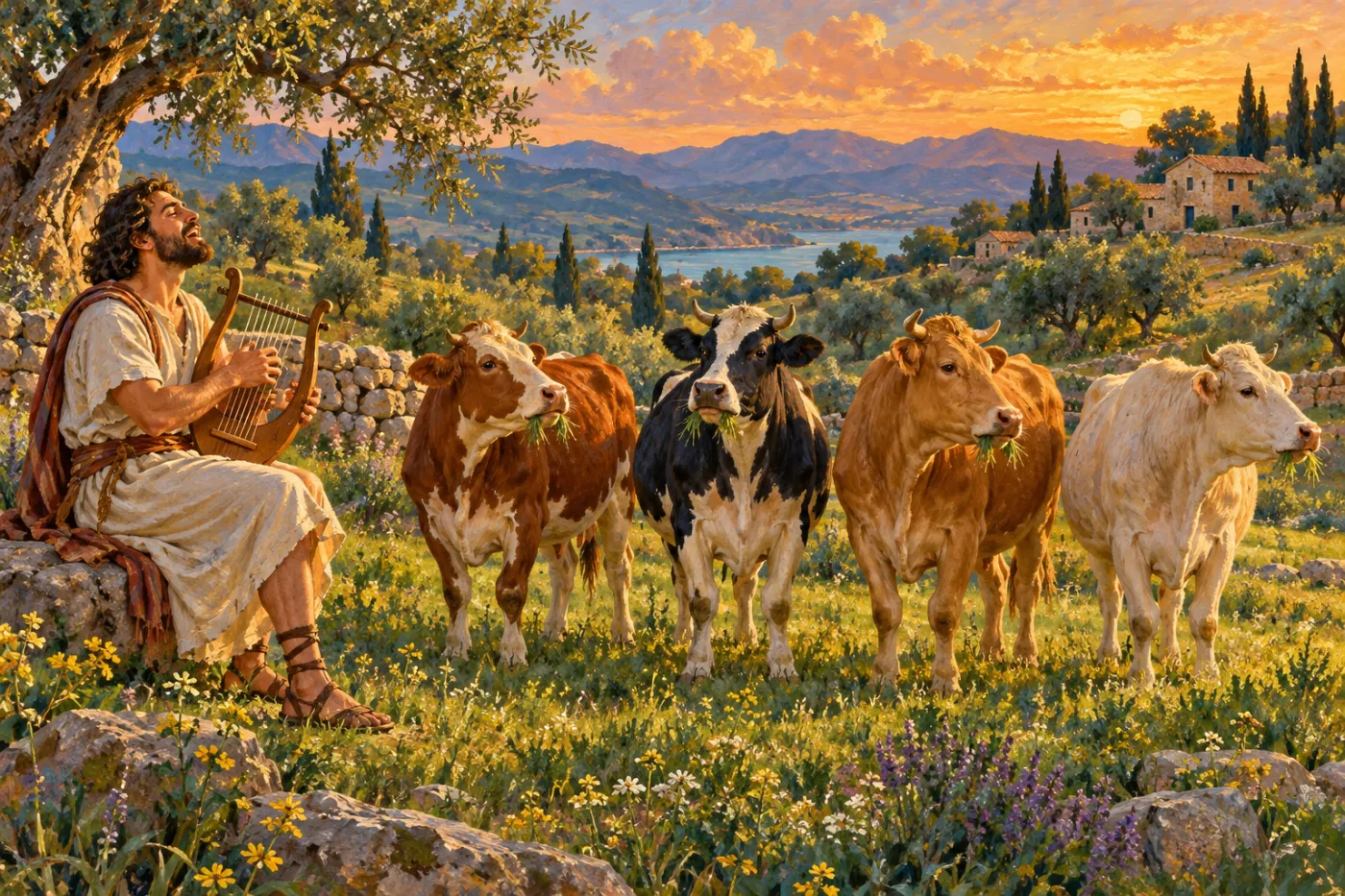 An illustration of a musician in a linen tunic sitting on a rock in a sunlit pasture, playing a lyre with his head thrown back in delight, while four cows stand in a row in front of him chewing grass and gazing off, unmoved
