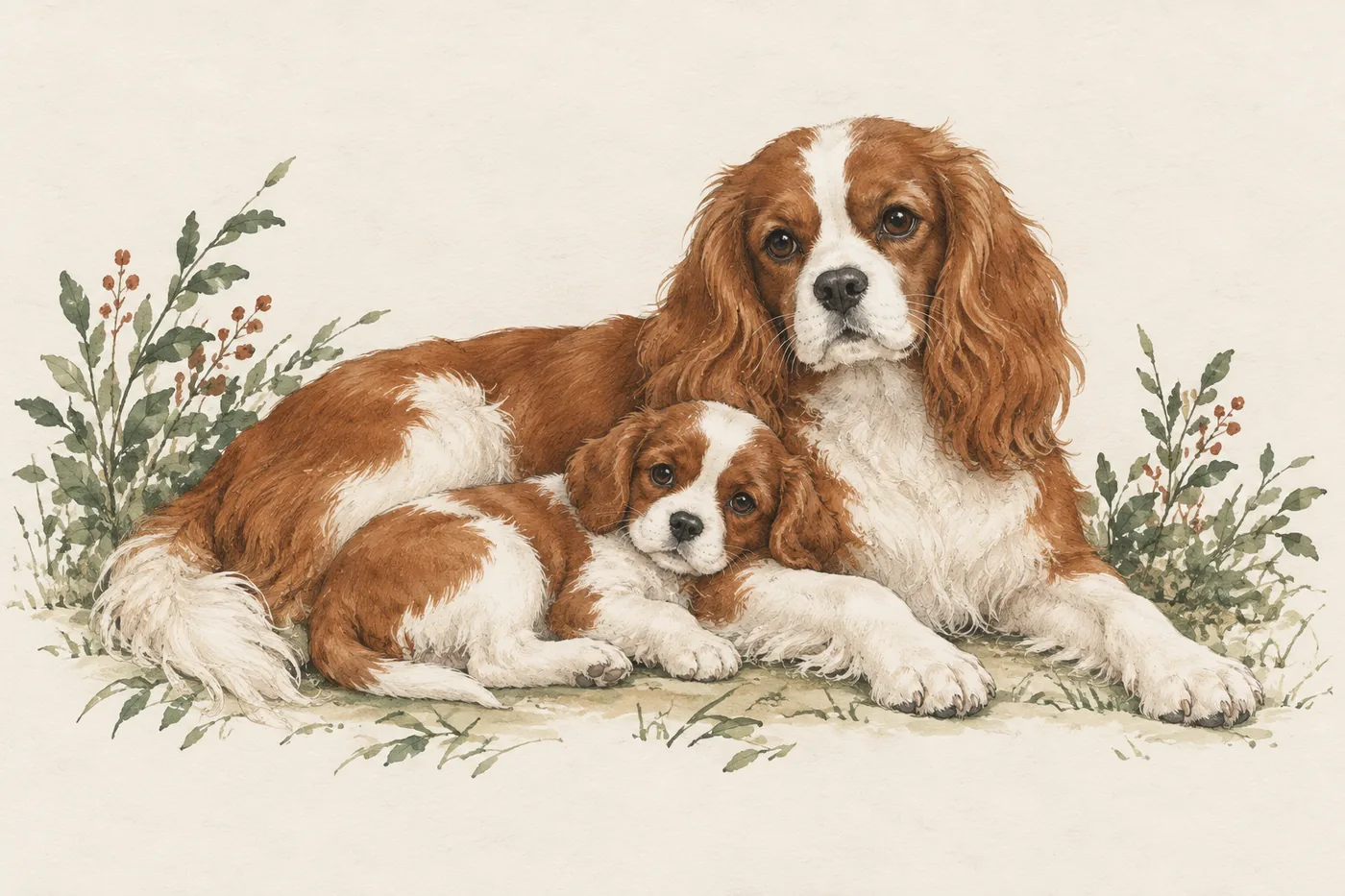 An illustration of an adult dog lying with its puppy curled against it, the two the same breed and coloring