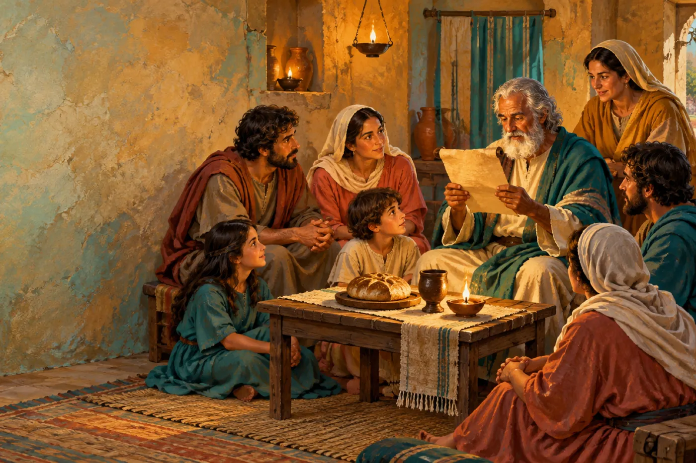 An illustration of early Christians gathered by lamplight in a modest Roman-era house while an elder reads aloud from a papyrus letter
