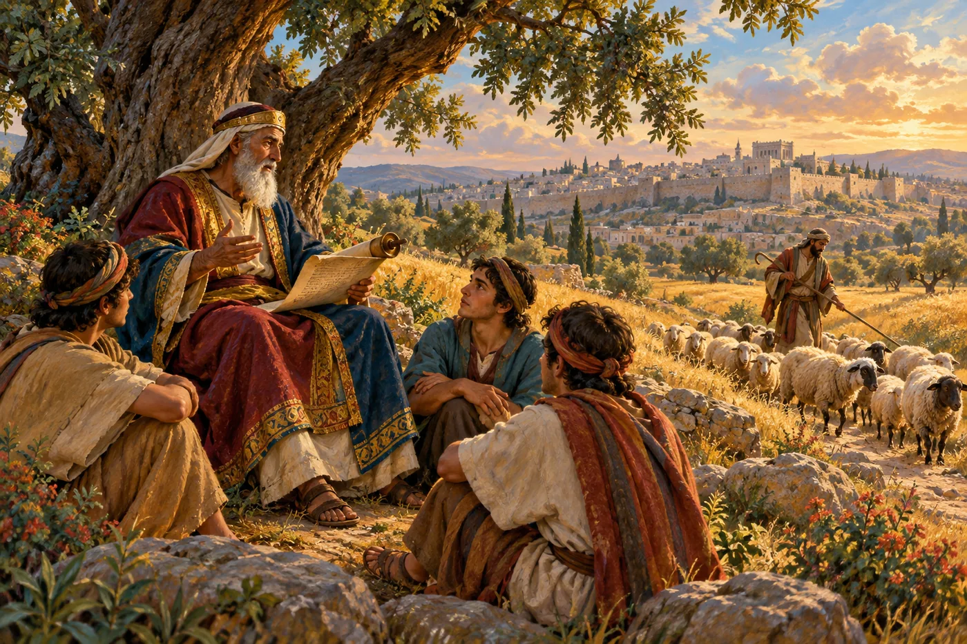 An illustration of an aged teacher in royal robes reading from a scroll to young students under a tree, while a shepherd with a long goad guides a flock along a path with Jerusalem’s hills beyond