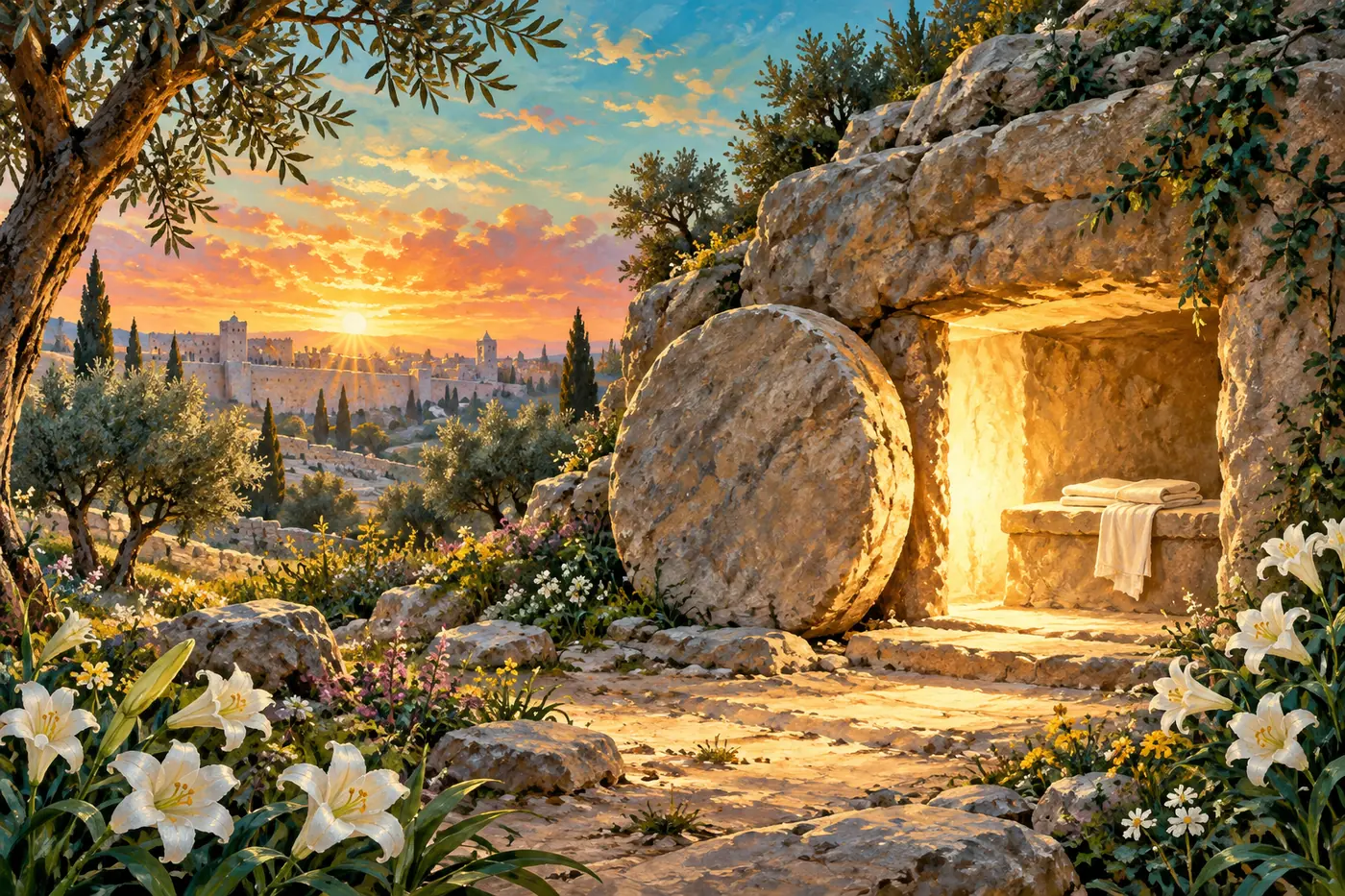 An illustration of a rock-cut garden tomb at dawn, its round stone rolled away and light glowing from inside, with lilies in the foreground