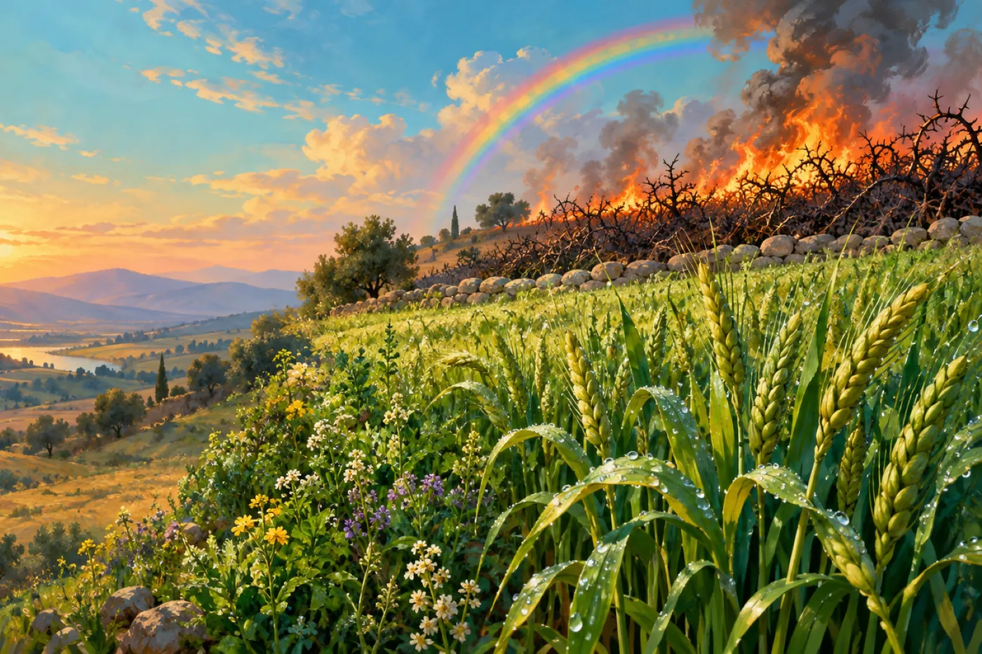 An illustration of two fields after rain: in front, green grain and wildflowers glistening with raindrops; behind a stone wall, a field of thorns and briers burning under a rainbow