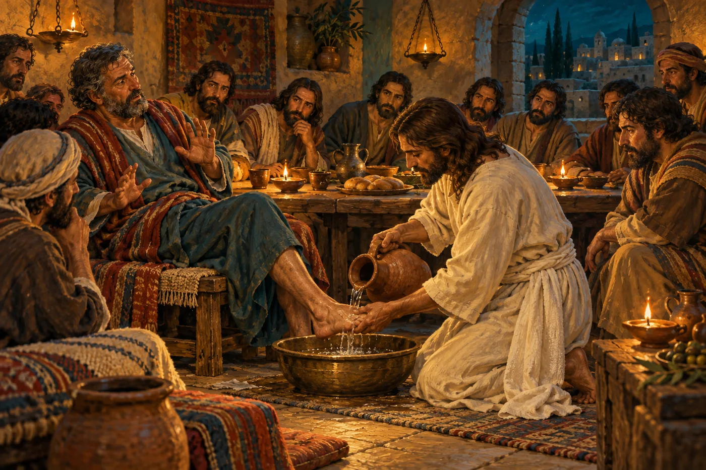 An illustration of Jesus kneeling with a towel around his waist, pouring water from a clay pitcher over Peter’s feet into a bronze basin, while the other disciples watch around a lamplit table in the upper room