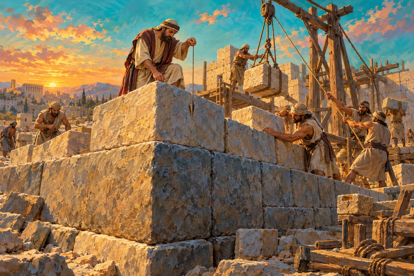 An illustration of first-century masons raising stone walls on a massive cornerstone foundation while a master builder checks the line with a plumb line and workers lift blocks with a wooden crane