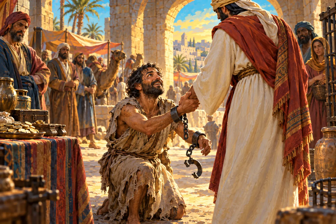 An illustration of a first-century market under a stone archway, where a kneeling man in rags looks up in wonder as his opened shackles fall from his wrists and a robed figure lifts him by the hand