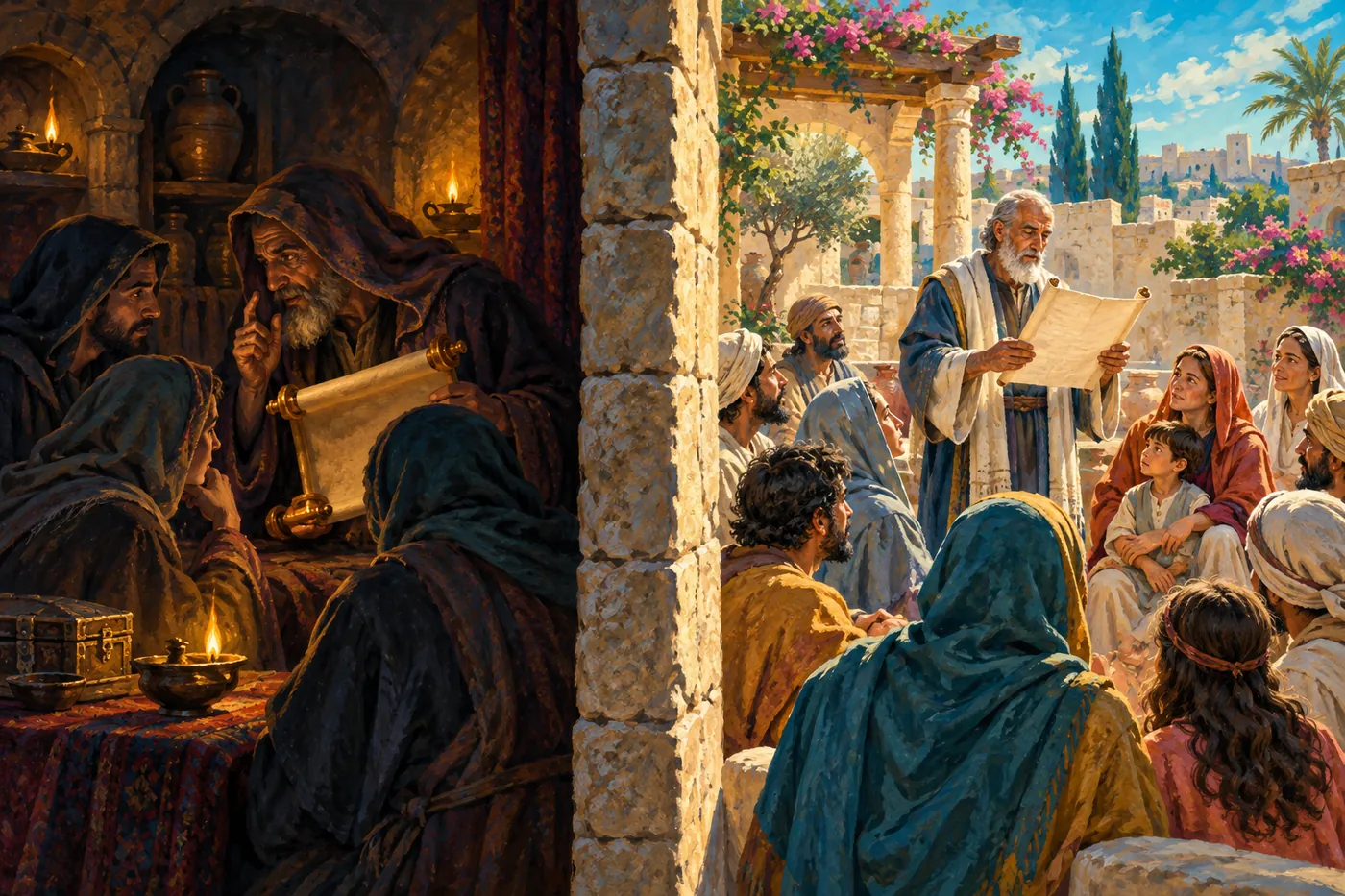 An illustration divided by a stone wall: on one side a robed teacher whispers from an ornate scroll to a few hooded initiates in a dim candlelit room; on the other an early Christian congregation listens in bright daylight as an elder reads a letter aloud