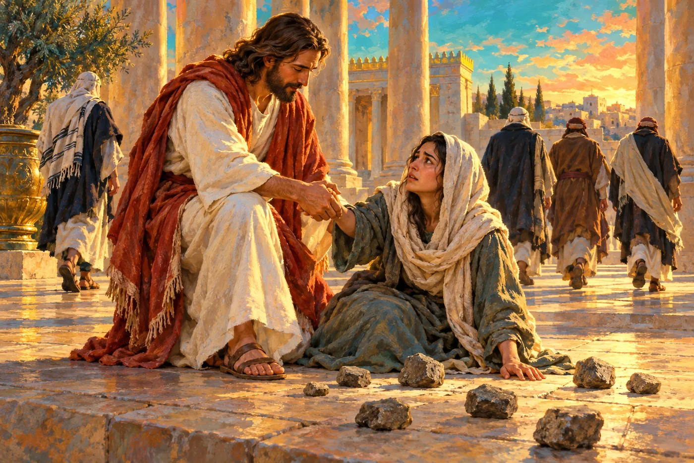 An illustration of Jesus in the Temple courts gently helping a frightened woman up from the stone pavement, with dropped stones scattered around them and her accusers walking away between the columns
