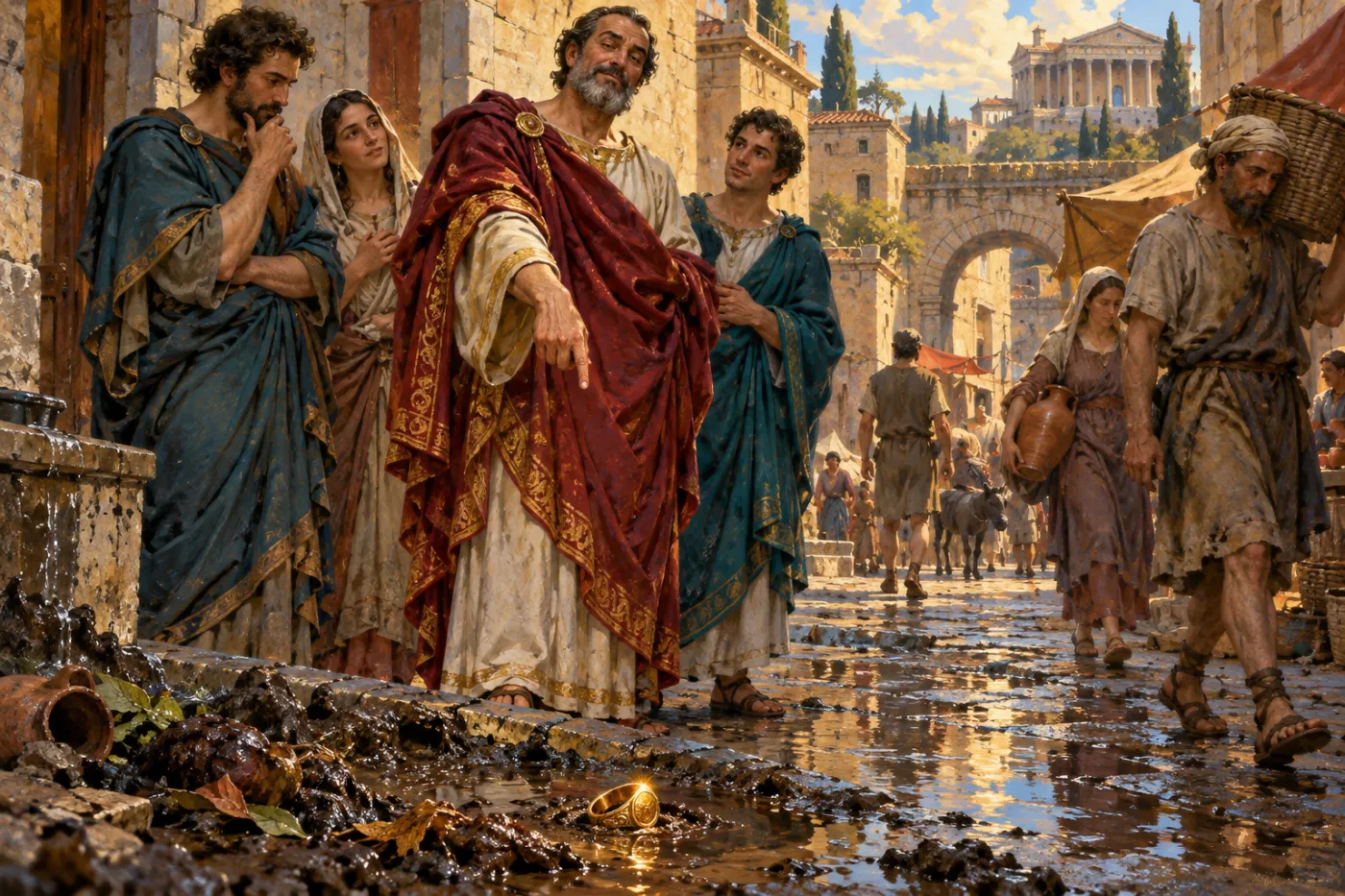 An illustration of a richly robed teacher on a muddy Roman street, pointing with a few admiring followers at a gold ring that gleams half-sunk in a dark puddle while ordinary people walk past