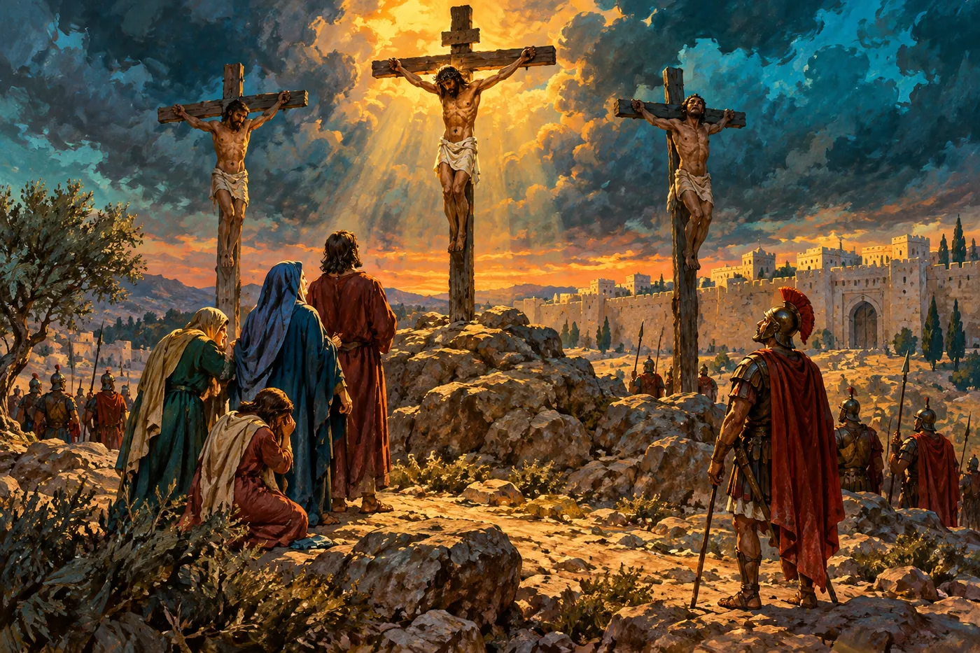 An illustration of three crosses on a rocky hill outside Jerusalem under a darkened sky, with golden light falling on the central cross, mourning women and the apostle John at the foot of the hill, and a Roman centurion looking up