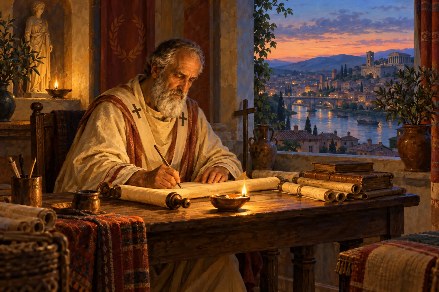An illustration of Irenaeus, an older bearded bishop, writing on a scroll by oil lamplight at a wooden desk stacked with scrolls and codices, with the river and rooftops of Lyon at dusk through the window