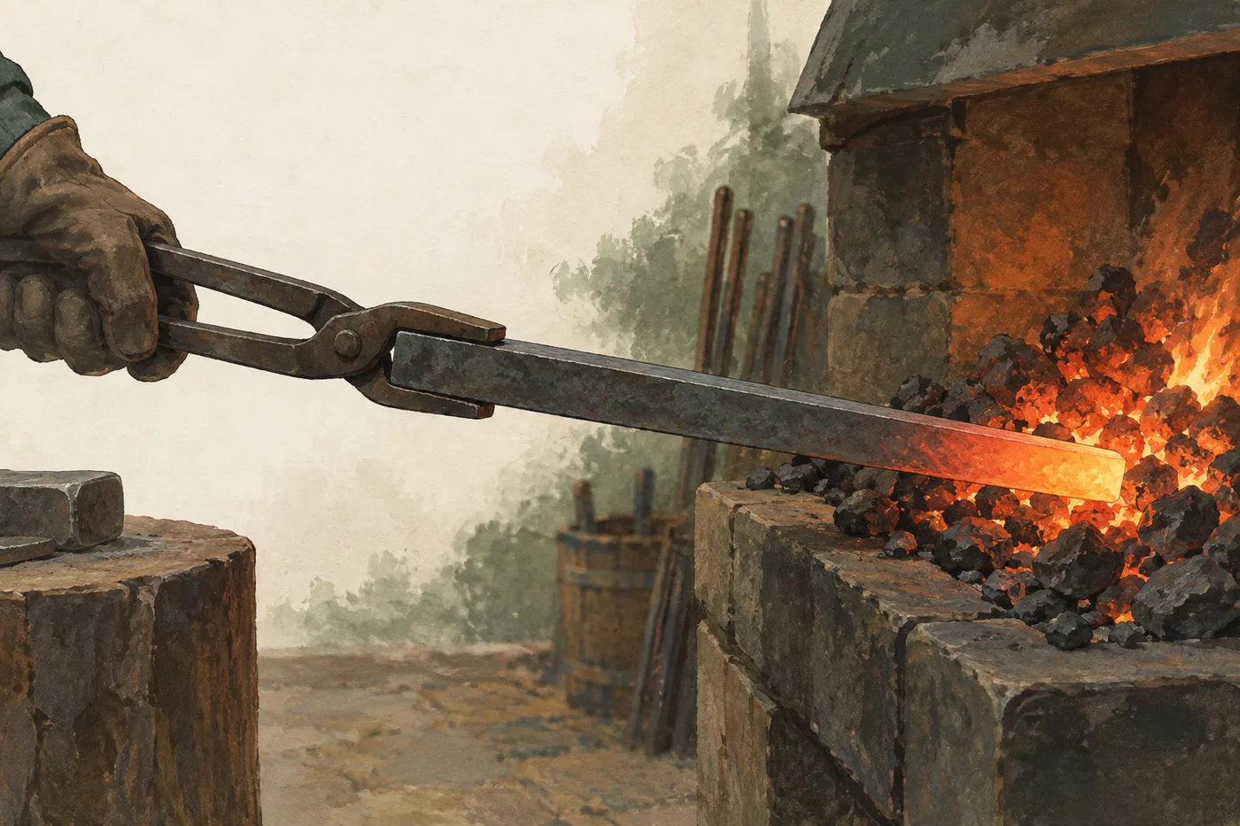 An illustration of an iron bar held in tongs, its end glowing orange in a forge fire while the rest of the bar stays dark iron