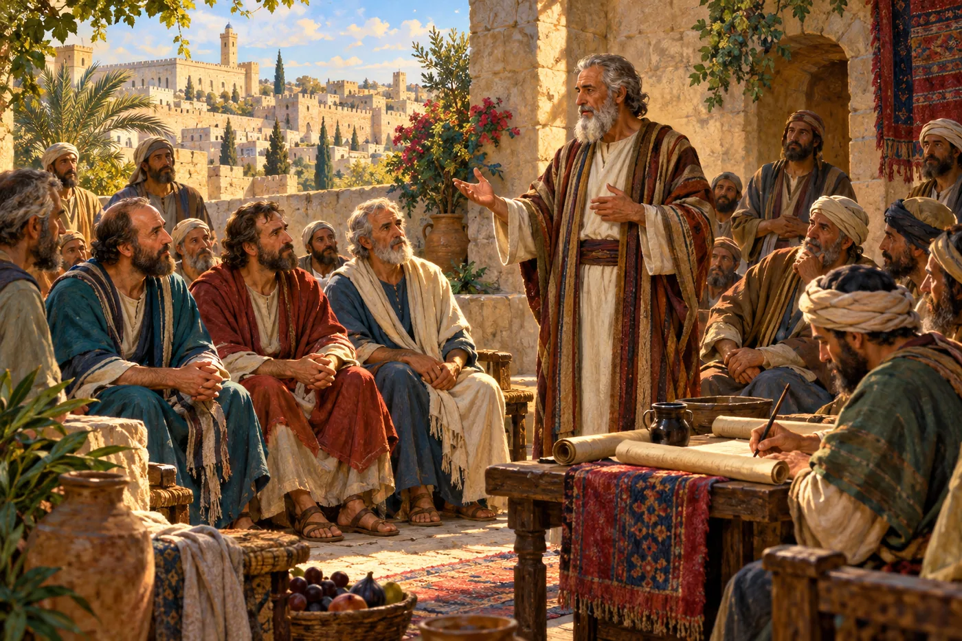 An illustration of the council in Jerusalem: James, an elder with a white beard, stands to give his judgment in a stone courtyard while apostles and elders sit listening and a scribe writes the letter on a scroll, with the walls of Jerusalem behind