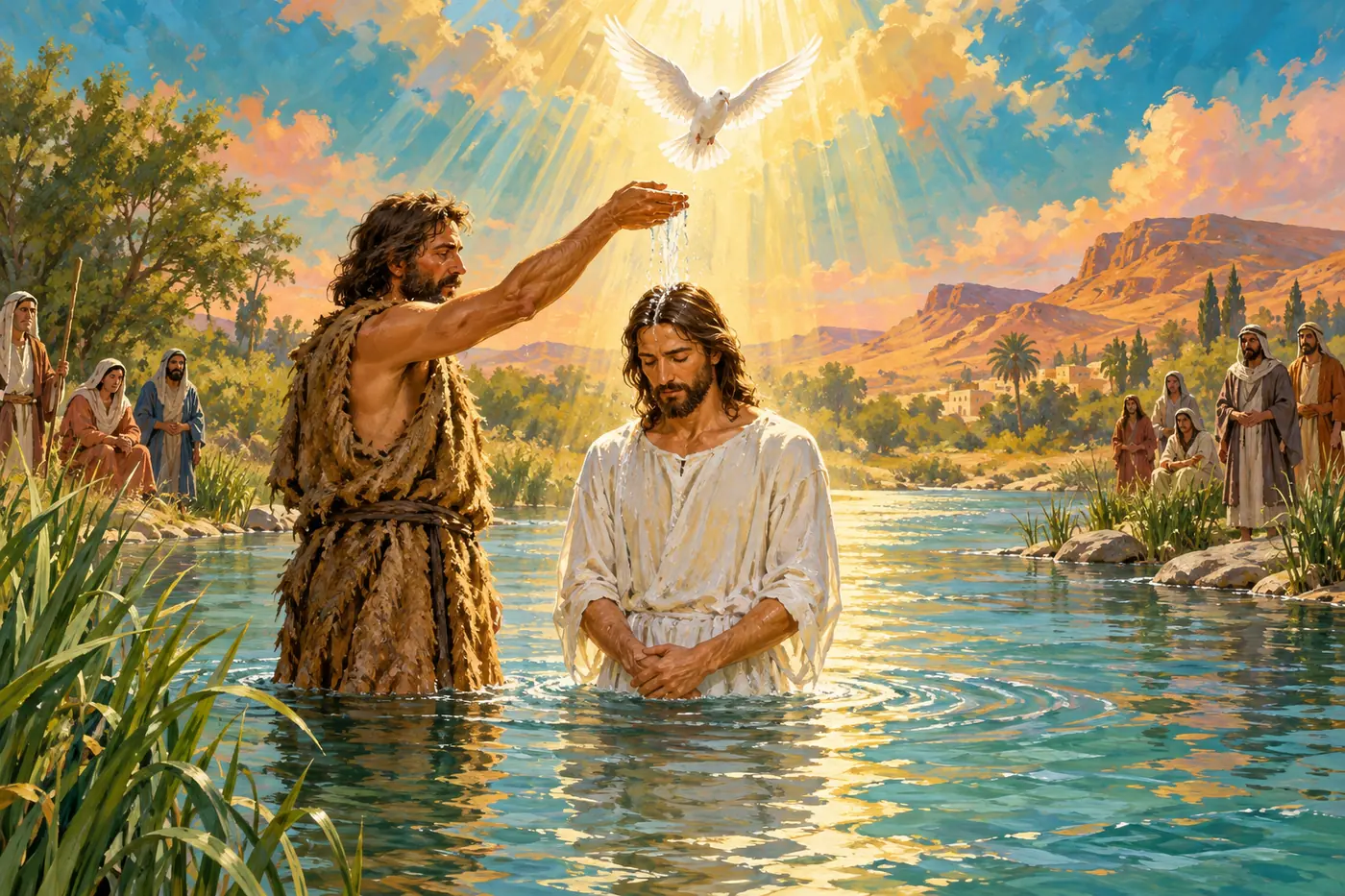 An illustration of John the Baptist baptizing Jesus in the Jordan River as the heavens open and a white dove descends