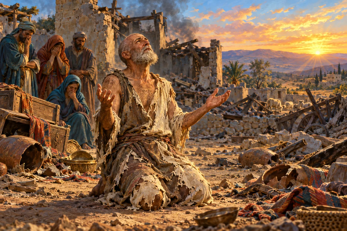 An illustration of Job kneeling in a torn robe among the ruins of his house at dawn, face lifted and hands open in worship, while grieving servants look on