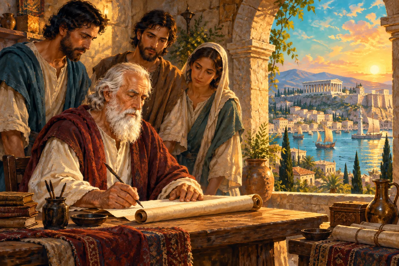 An illustration of the aged apostle John in a sunlit stone room in Ephesus, writing a letter with a reed pen while younger disciples stand near him listening