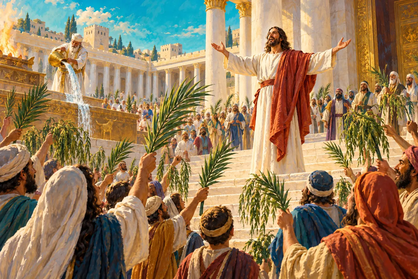 An illustration of the Feast of Tabernacles in the temple courts: a priest pours water from a golden pitcher while crowds wave palm branches and Jesus calls out from the steps