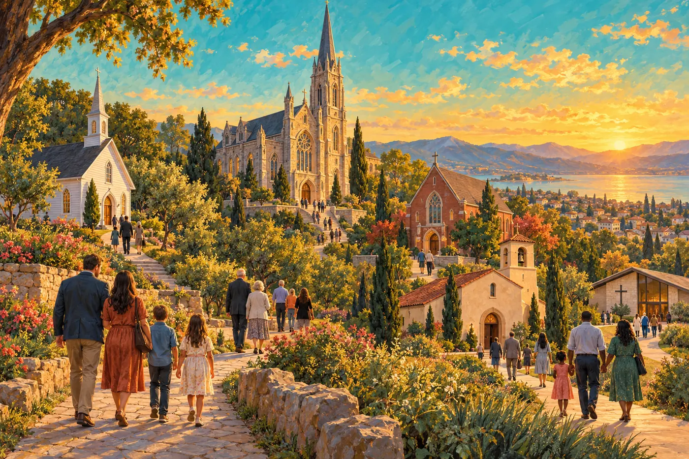 An illustration of a hillside town at golden hour with many kinds of church buildings, a stone cathedral, a white chapel, a brick church, and a small meeting hall, as families walk toward them