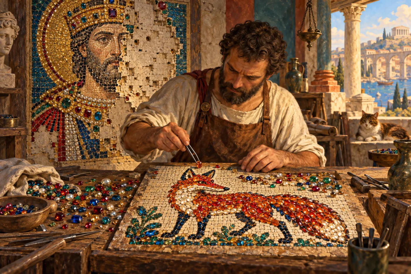 An illustration of a Roman craftsman at a workbench using tweezers to set loose jewels into a mosaic of a fox, while behind him on the wall a jeweled mosaic portrait of a crowned king has been half pried apart