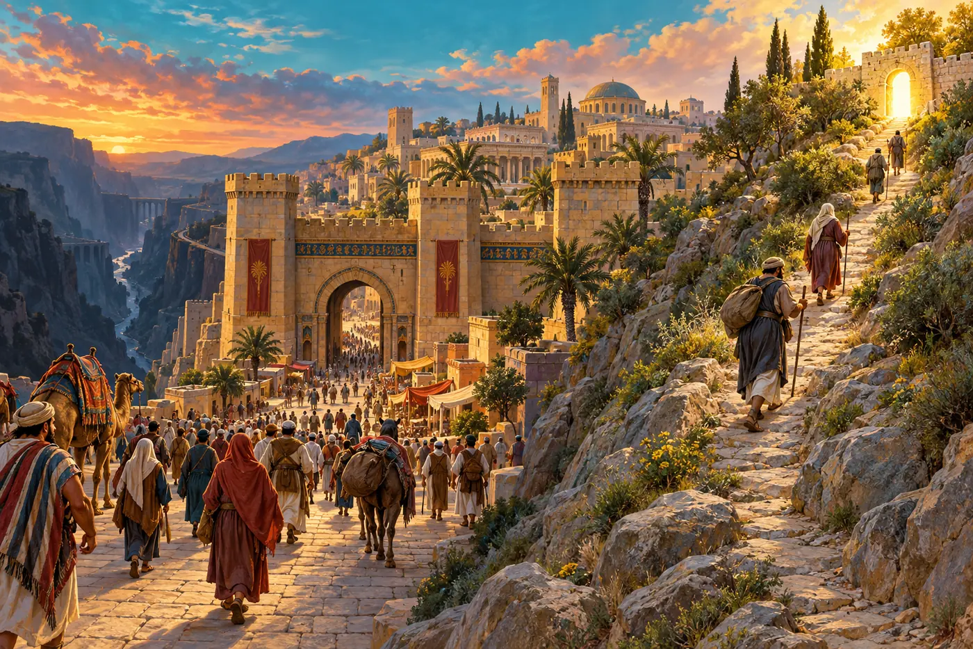 An illustration of a broad, crowded road sloping down through a grand gate toward a dark gorge, beside a narrow rocky path climbing to a small sunlit gate where a few travelers walk