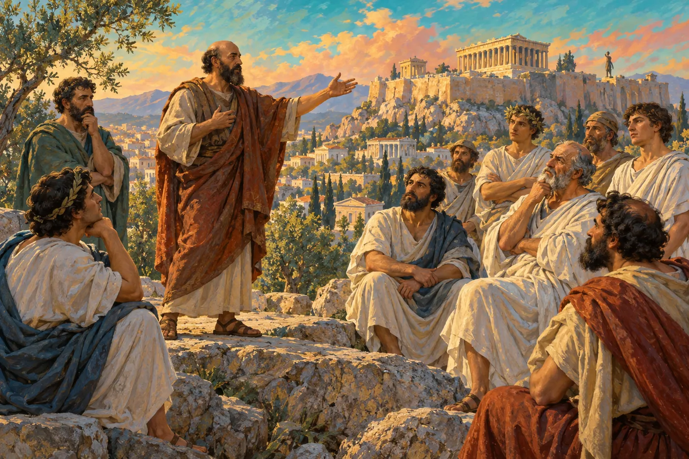 An illustration of the apostle Paul preaching with an outstretched hand on the rocky Areopagus in Athens to Greek philosophers in white robes, with the Parthenon glowing on the Acropolis behind them