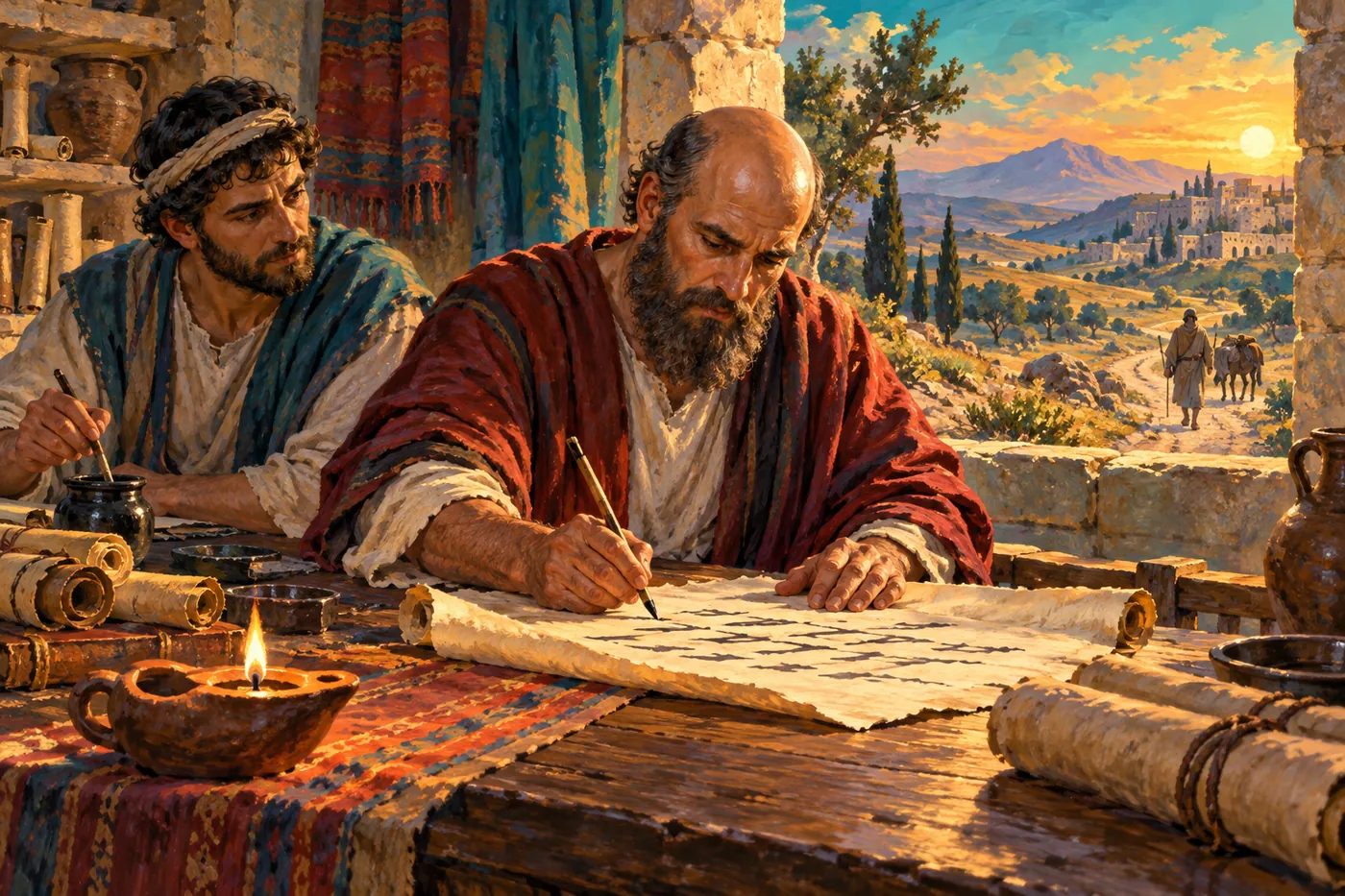 An illustration of the apostle Paul at a wooden table writing a letter on a scroll by lamplight, a companion writing beside him, with scrolls and inkpots on the table and a road winding toward a hillside city at sunset