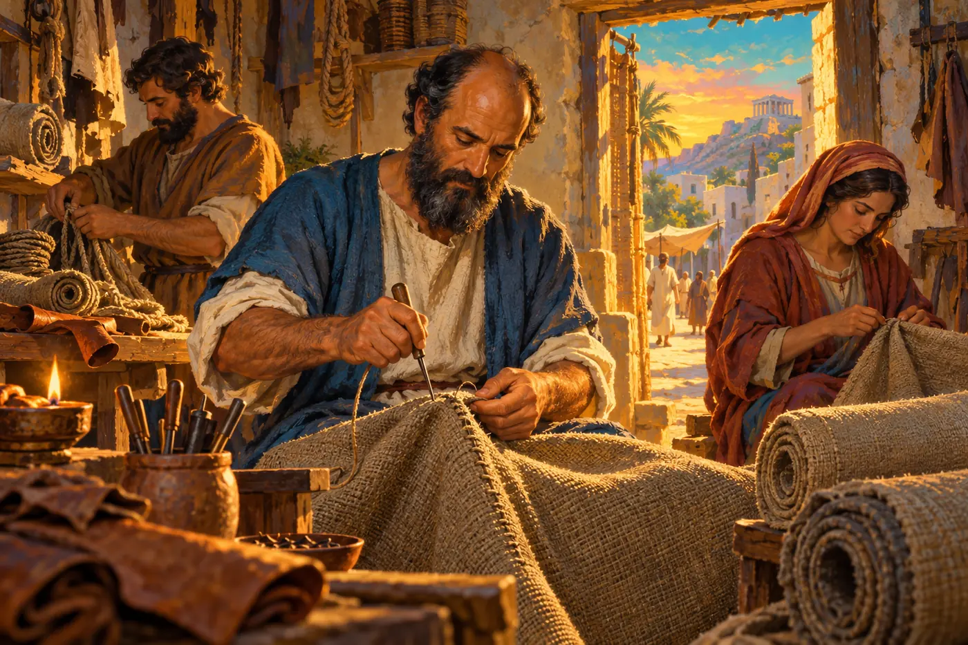 An illustration of the apostle Paul stitching heavy tent cloth by lamplight in a Corinthian workshop, with Aquila and Priscilla working beside him