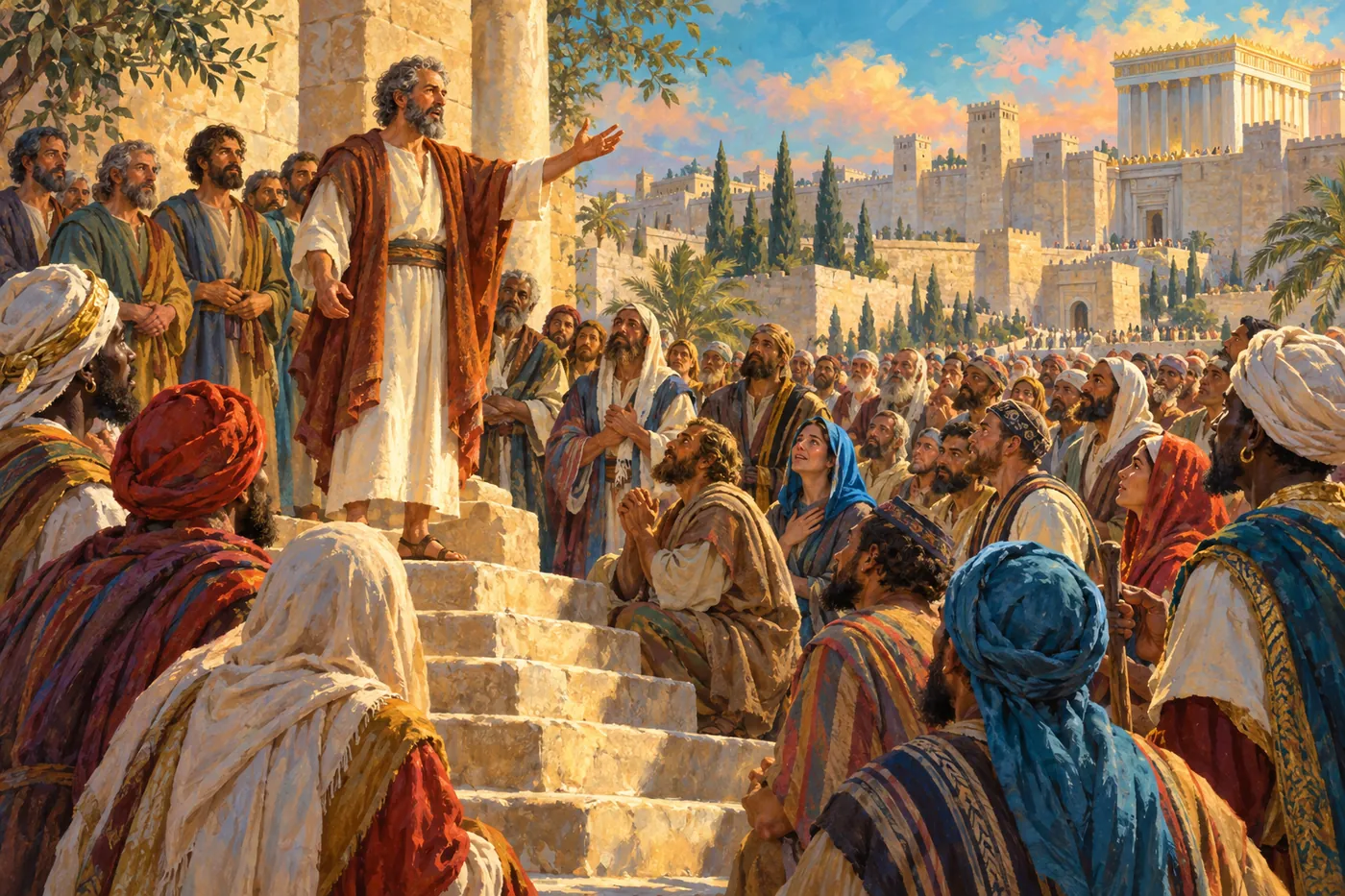 An illustration of the apostle Peter on stone steps in Jerusalem, arm outstretched, preaching to a large crowd from many nations, some kneeling, with the other apostles behind him and the Temple in the distance