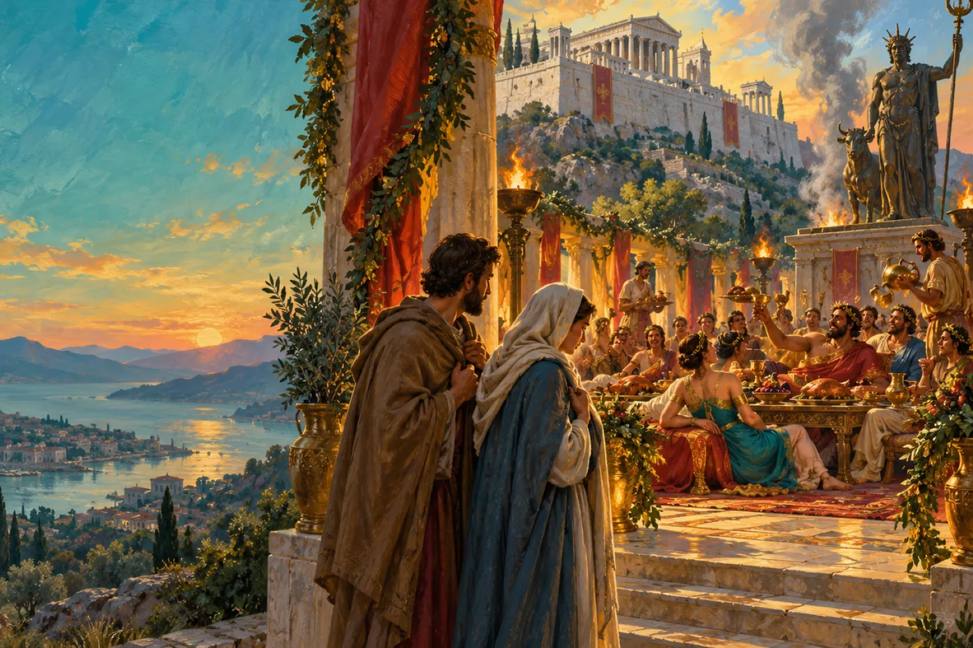 An illustration of an evening banquet below the acropolis of Pergamum, guests reclining at tables of sacrificial meat beside a smoking altar and idol, while a plainly dressed couple hesitates at the threshold