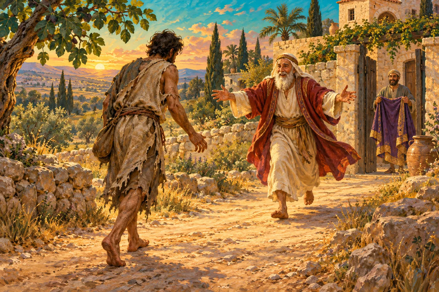 An illustration of the parable of the prodigal son: a ragged, barefoot young man on a dusty road and his elderly father running toward him with open arms, while a servant waits at the gate holding a robe