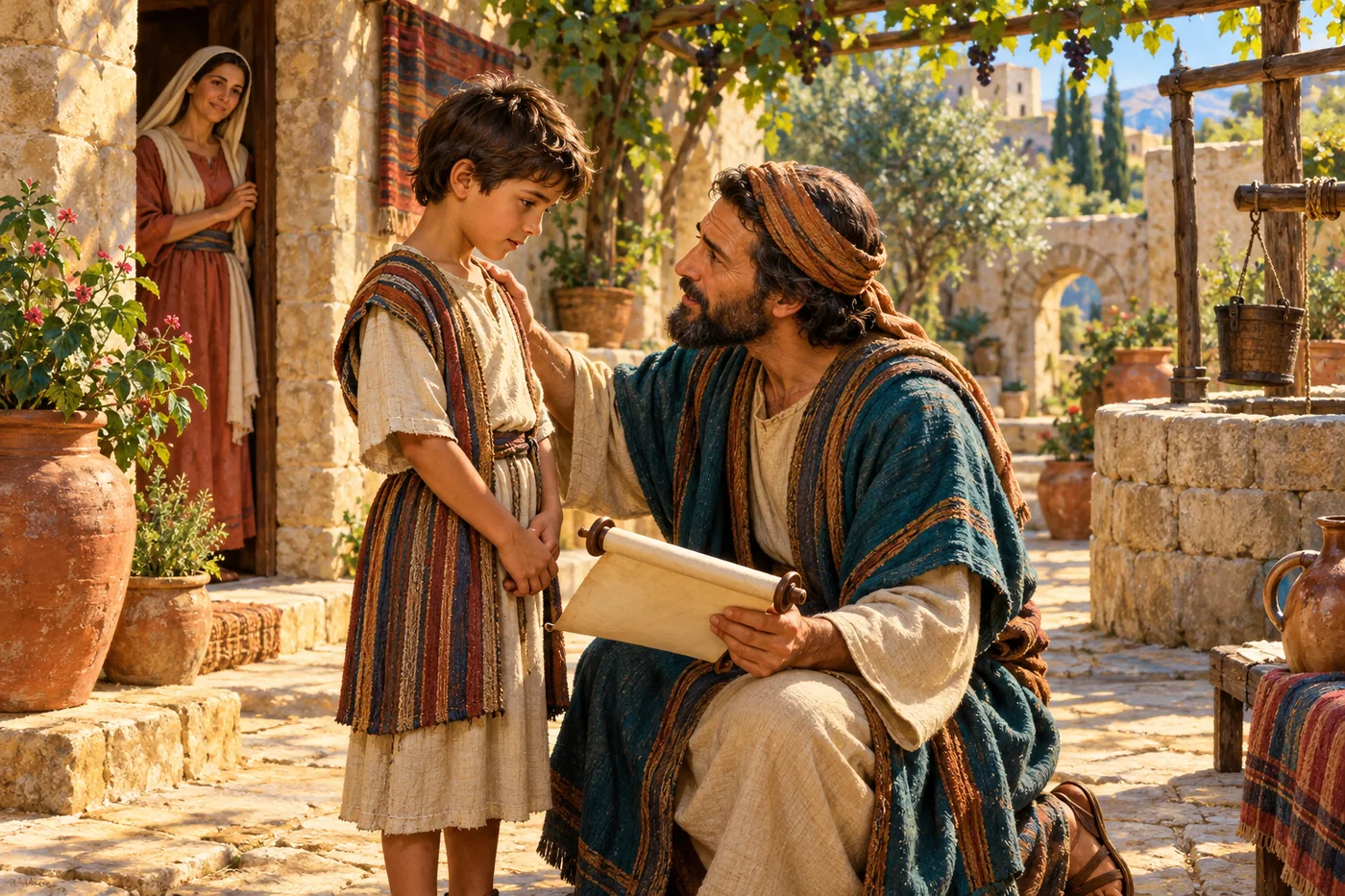 An illustration of a father kneeling in a sunlit stone courtyard with his hand on his young son’s shoulder and an open scroll in his other hand, the mother watching from a doorway