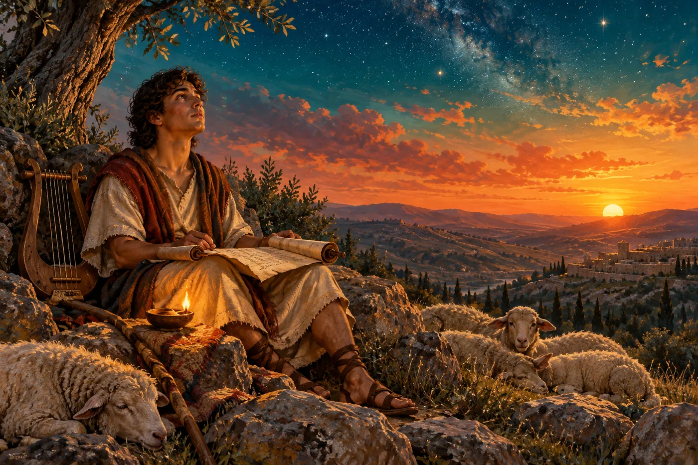 An illustration of young David seated on a rocky hillside at dusk with a lyre beside him and an open scroll on his knees lit by a small lamp, sheep resting nearby and the first stars appearing above the hills