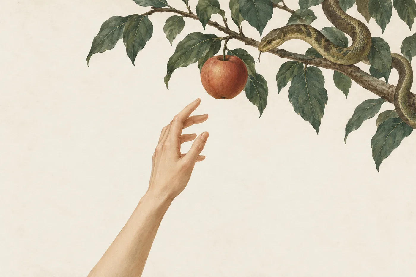 An illustration of a hand reaching up toward a fruit on a branch while a serpent coils along the branch