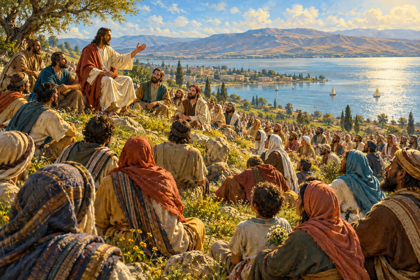 An illustration of Jesus seated on a grassy hillside above the Sea of Galilee, one hand raised as he teaches a large crowd of men, women, and children sitting on the slope below, with boats on the lake and hills beyond