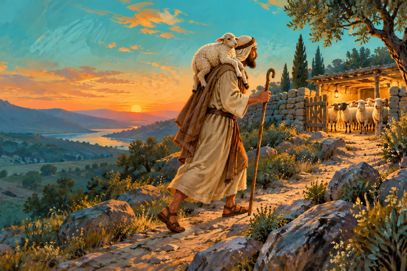 An illustration of a shepherd at sunset carrying a lamb on his shoulders along a rocky path toward a lit sheepfold where the flock waits