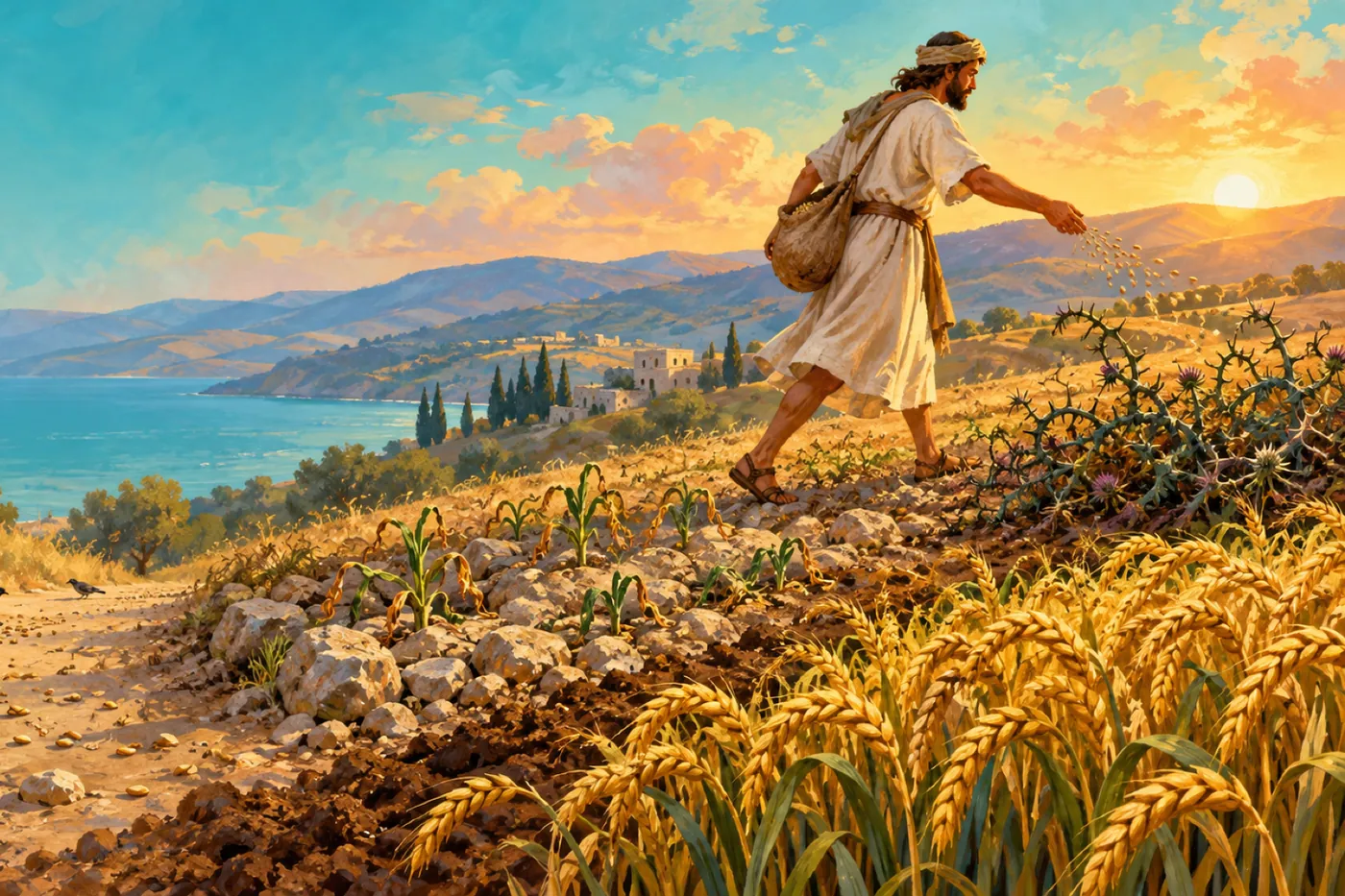 An illustration of a sower scattering seed across a hillside: birds on the hard path, young sprouts wilting on rocky ground, thorns, and heavy golden grain in the good soil