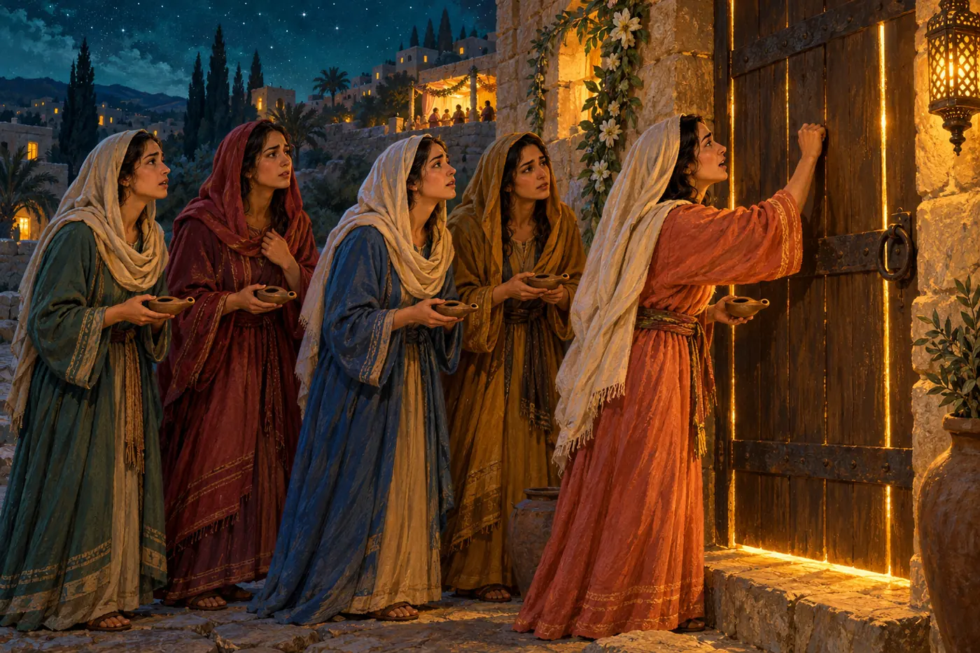 An illustration of five young women holding small oil lamps at night, knocking at a shut wooden door with golden light from a wedding feast glowing around its edges
