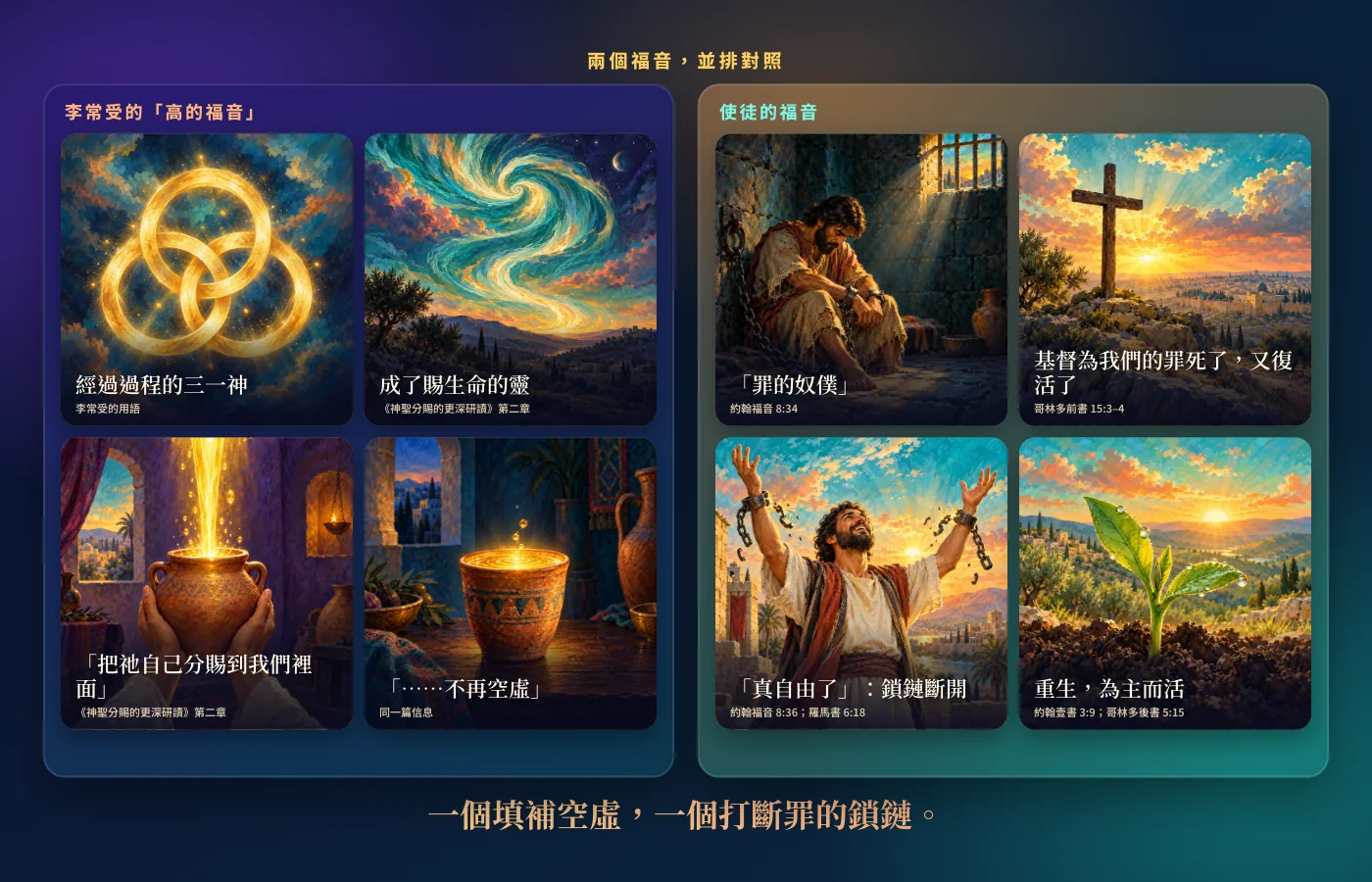 動畫對照：左邊是李常受高的福音的四幅畫（金色光環、旋轉的活風、金光倒進器皿、滿到邊緣發光的杯子）；右邊是使徒的福音（帶鎖鏈的囚徒、黎明時的十字架、鎖鏈斷開、得自由的人舉手、晨光中的嫩芽）