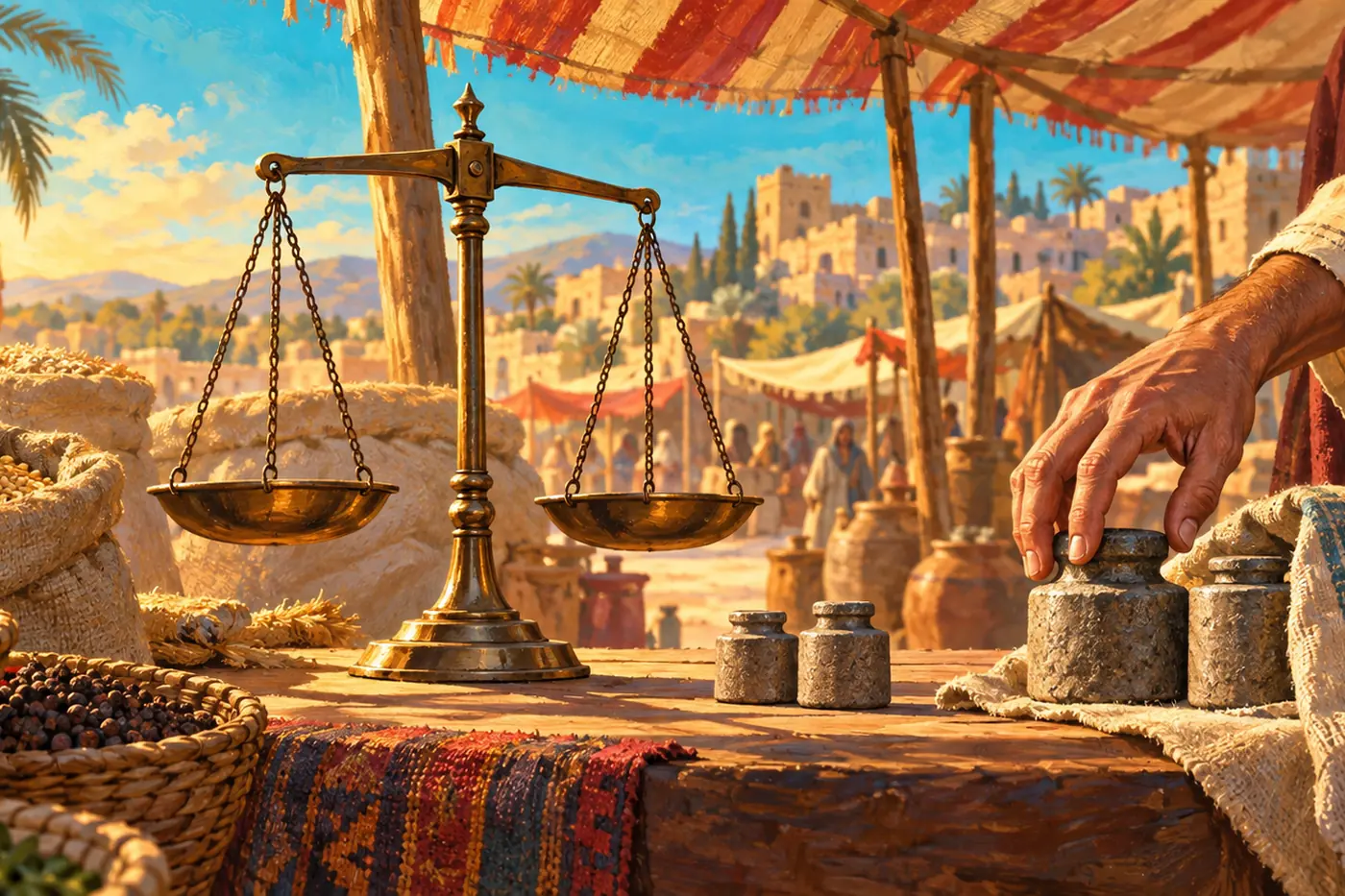 An illustration of a bronze balance scale on a market stall beside two sets of stone weights of different sizes, as a merchant’s hand reaches for the heavier one