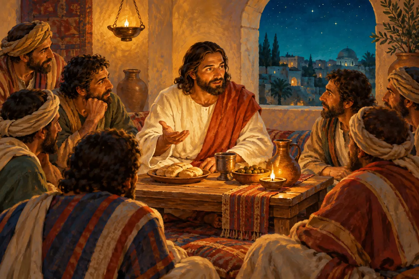 An illustration of Jesus at a low table in a lamplit upper room, speaking to his disciples after supper