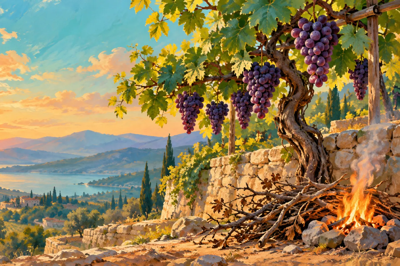 An illustration of a grapevine heavy with purple grapes on a stone terrace, with withered branches gathered beside a small fire