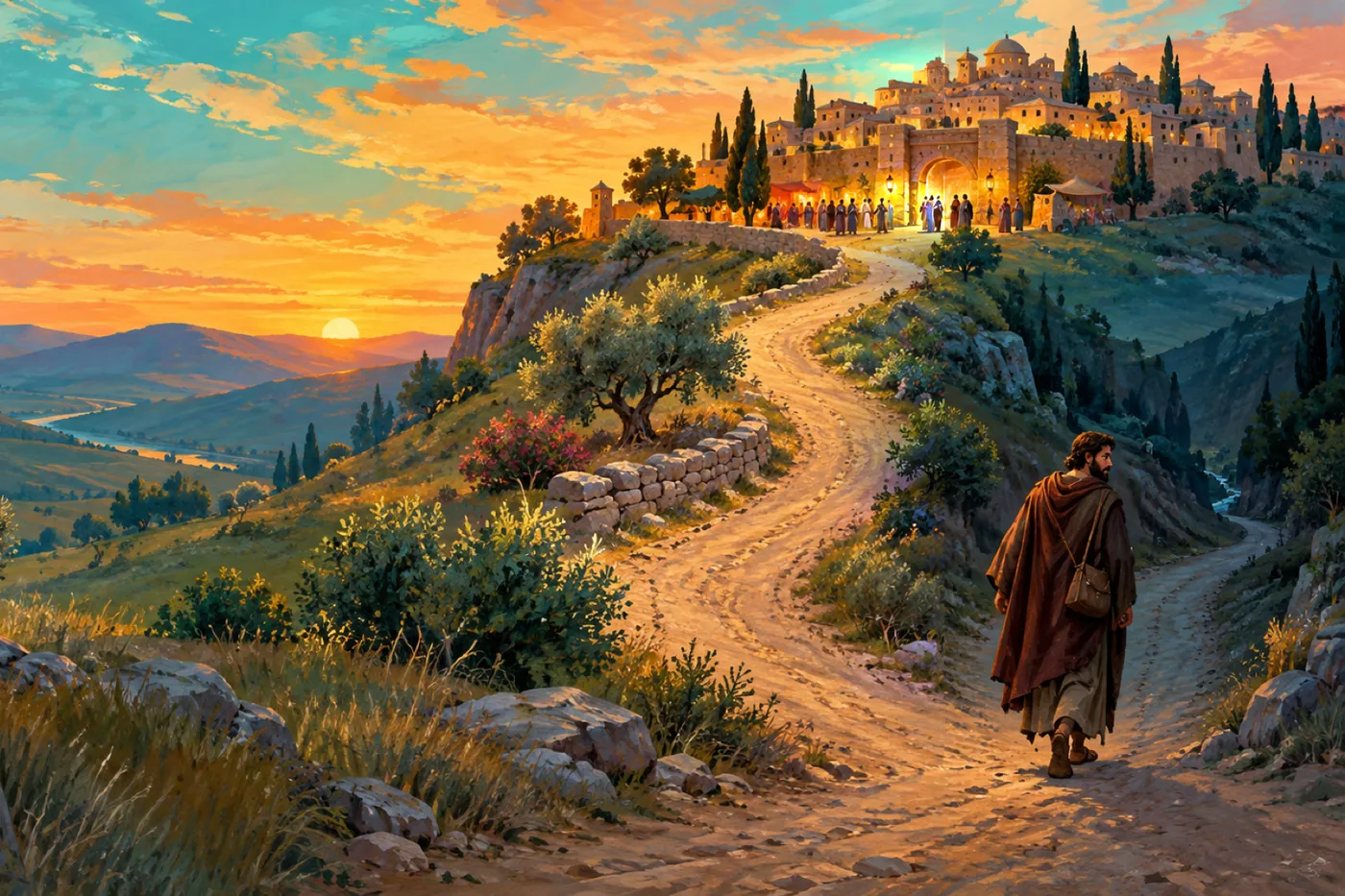 An illustration of a lone traveler in a cloak walking down a winding road away from a lamplit hilltop town at sunset, where a crowd is gathered at the gate